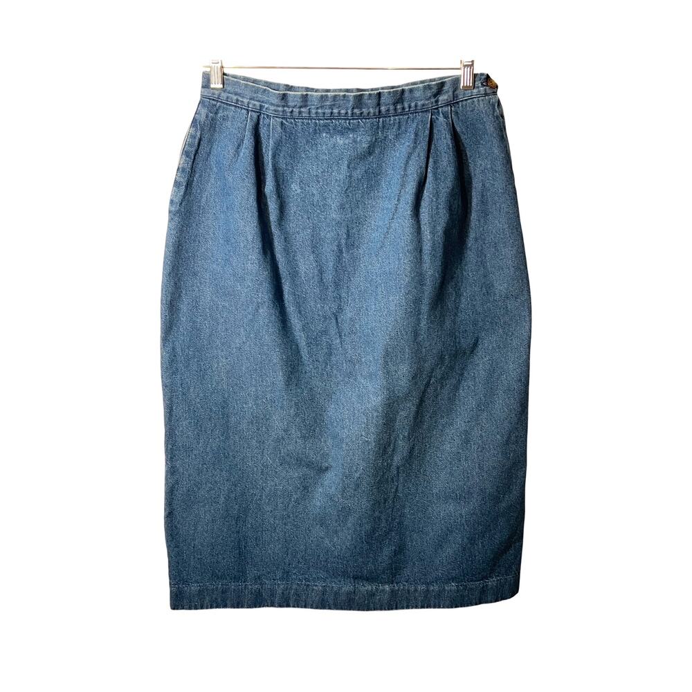 Vintage Orvis Denim Skirt Womens 31 Waist Midi Back Button Slit Pocket USA Made